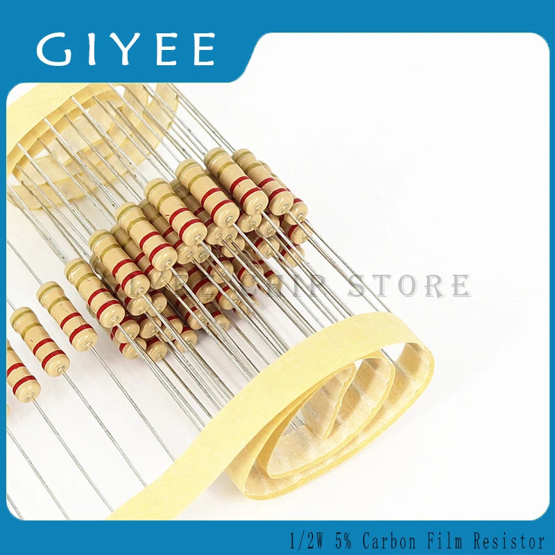 50pcs 1/2w 0.5W 5% Carbon Film Resistor 1R~1M 2.2R 10R 22R 47R 51R 100R 150R 470R 1K 4.7K 10K 47K 1 2.2 10 22 47 51 100 150 ohm