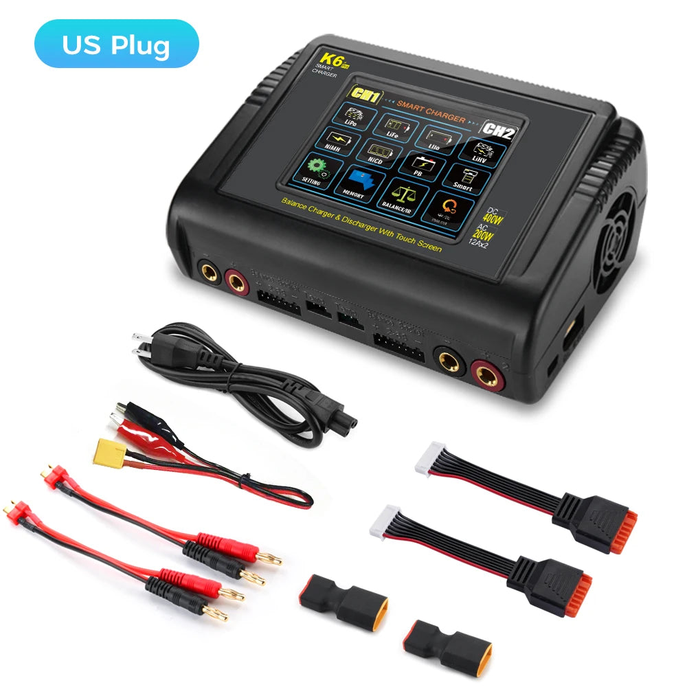 HTRC K6 Pro Lipo Charger Touch DC 400W AC 200W 12Ax2 RC Charger Discharger For LiPo LiHV LiFe Lilon NiCd NiMh Pb Battery Balance