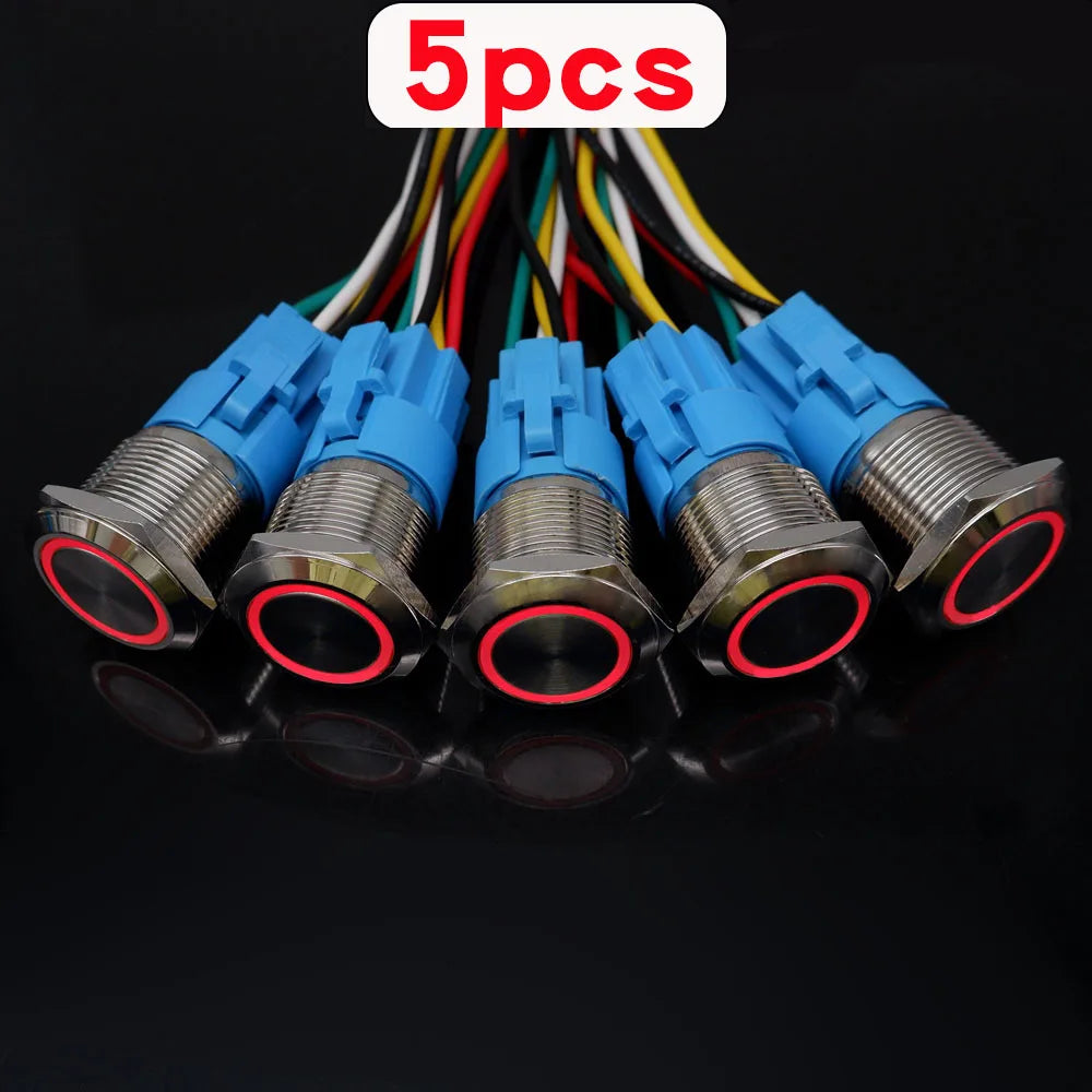 5pcs Metal Push Button Switch Ring Lamp 16mm 19mm 22mm Waterproof LED Light On Off Momentary Latching 5v 12v 24v 220v Red Blue