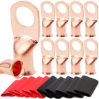 10pcs Copper Terminal Connectors, AWG 2 4 6 8 1/0 2/0 Ring Lug With Shrink Tubing 10Battery Cable Lugs, With 10 Shrink Tubing