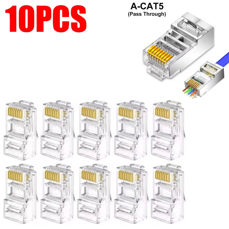 RJ45 CAT5 Pass Through Connectors Crystal End Gold-Plated to Crimp Modular Plug for Solid Or Stranded UTP Network Cable Sleeve