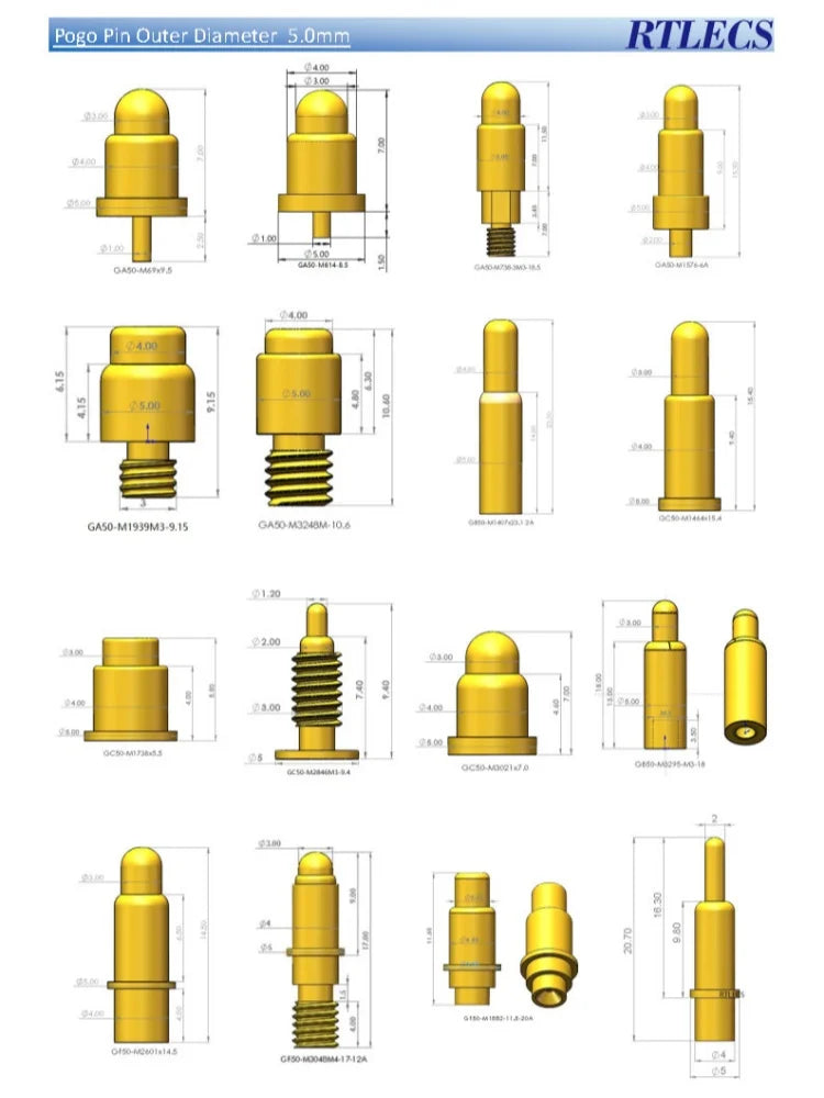 2/5/20Pcs High Current Pogo Pin Theaded M3 M4 M8 Connector 1A 4A 5A Battery DC Power Spring Loaded Needle Test Probe Gold Plated