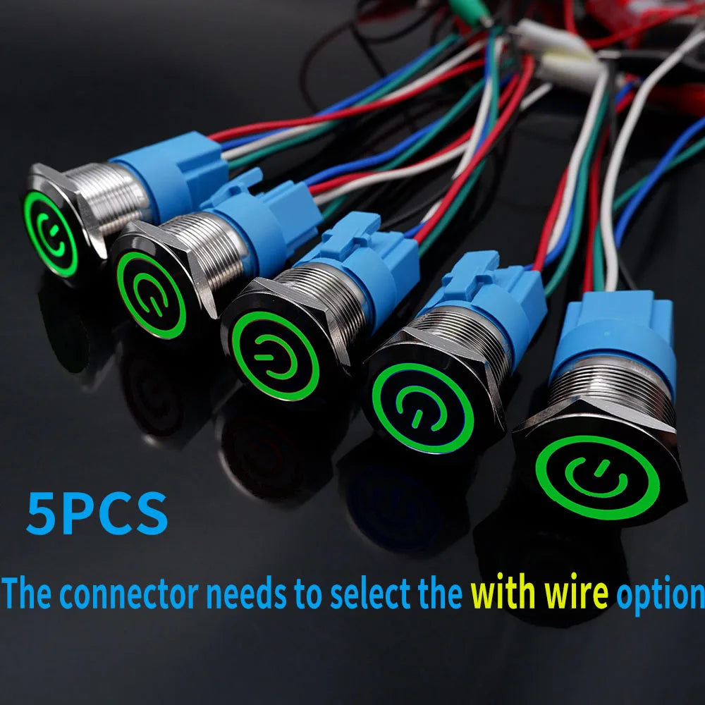 5PCS 16/19/22MM Waterproof Metal Push Button Switch LED Light Momentary Latching Car Engine Power Switch Socket 5V 12V 24V 220V