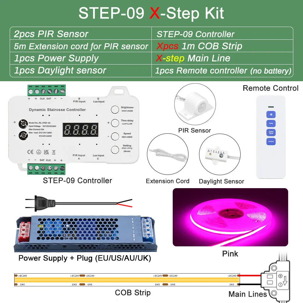 COB LED Strip PIR Motion Sensor Stair Lights Kit Step by Step Control Indoor Smart Staircase Lighting Controller with Main Line