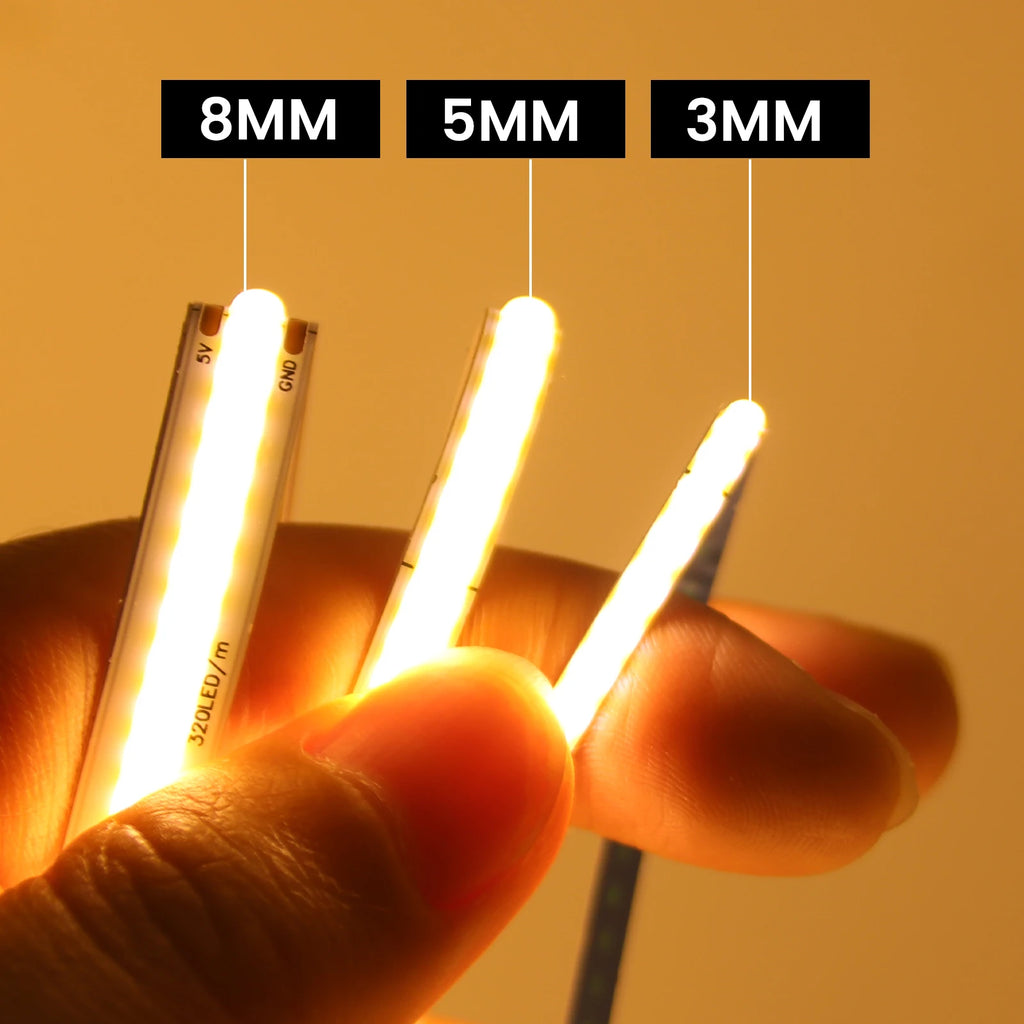 5V COB LED Strip 3mm 5mm 8mm Width 320LEDs/m High Density COB LED Tape AA Battery Powered Linear Lighting White Red Green Blue