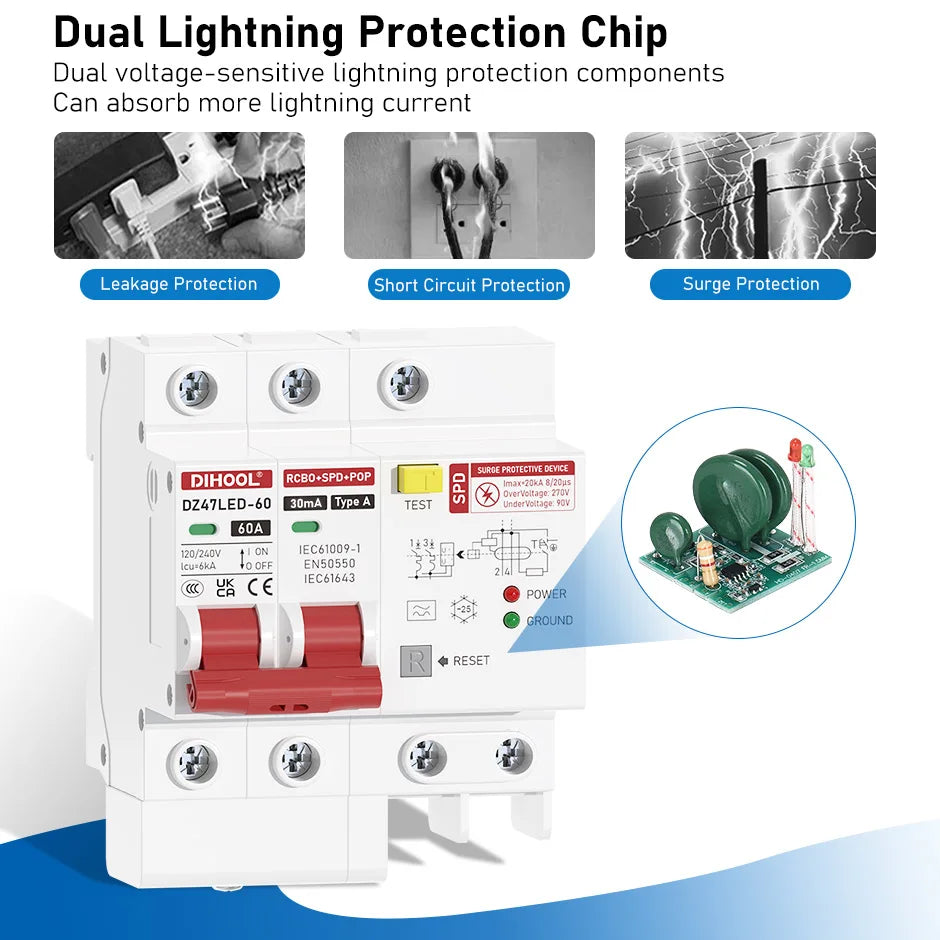RCBO Type a Grounding Fault Circuit Breaker 30MA 110V/220V Differential Breaker Leakage Lightning Protection for Electrical Safe