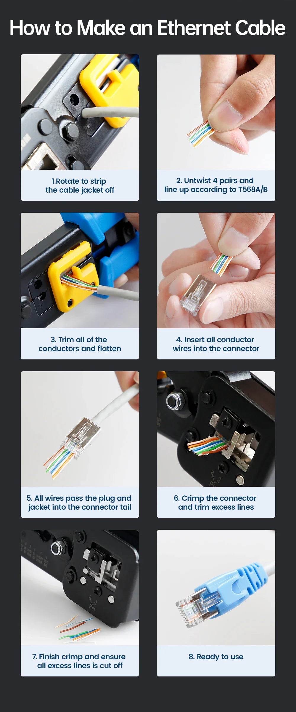 AMPCOM Pass Through STP RJ45 Connectors, CAT6 CAT5E Shielded 3/50μ Gold-Plated 8P8C Modular Plugs Crimp End for Ethernet Cable