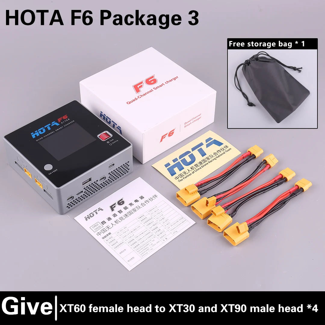HOTA F6 QUAD-CHANNEL SMART Charger DC1000W 4*15A for Lipo LiIon NiMH Lipo Battery Balance Charger Discharger with USB 45W Type-C