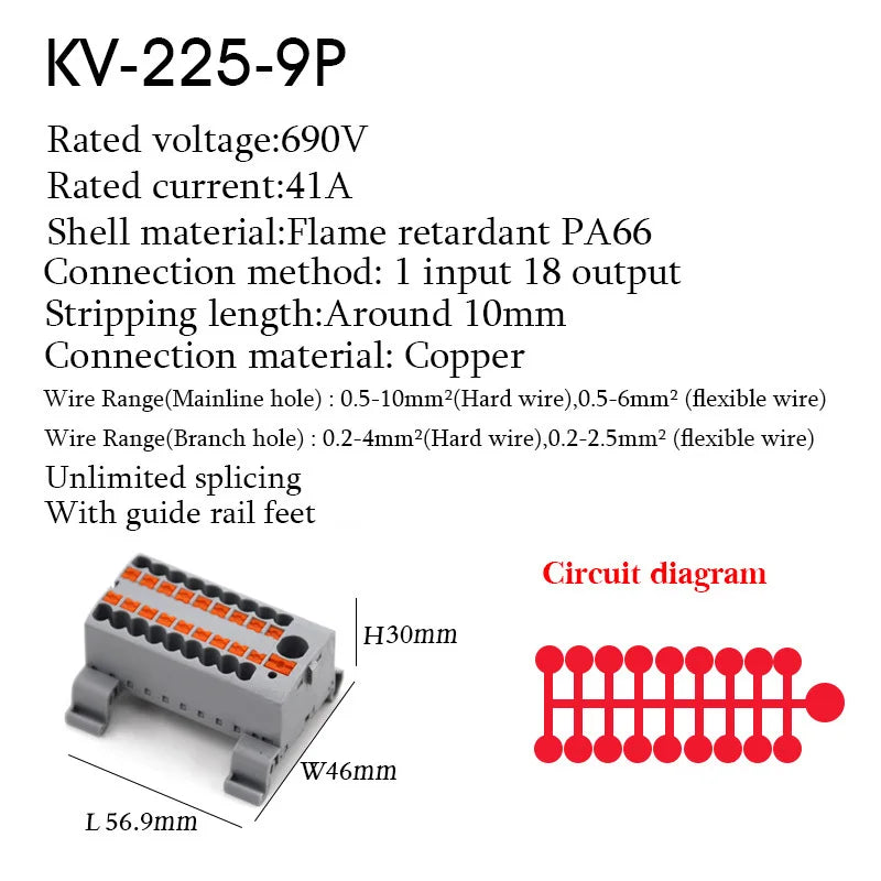 1PC 225 Series Terminal Block One In Multiple Out Wire Electrical Connectors Plug-in Spliceable Splitter Guide Rail Junction Box