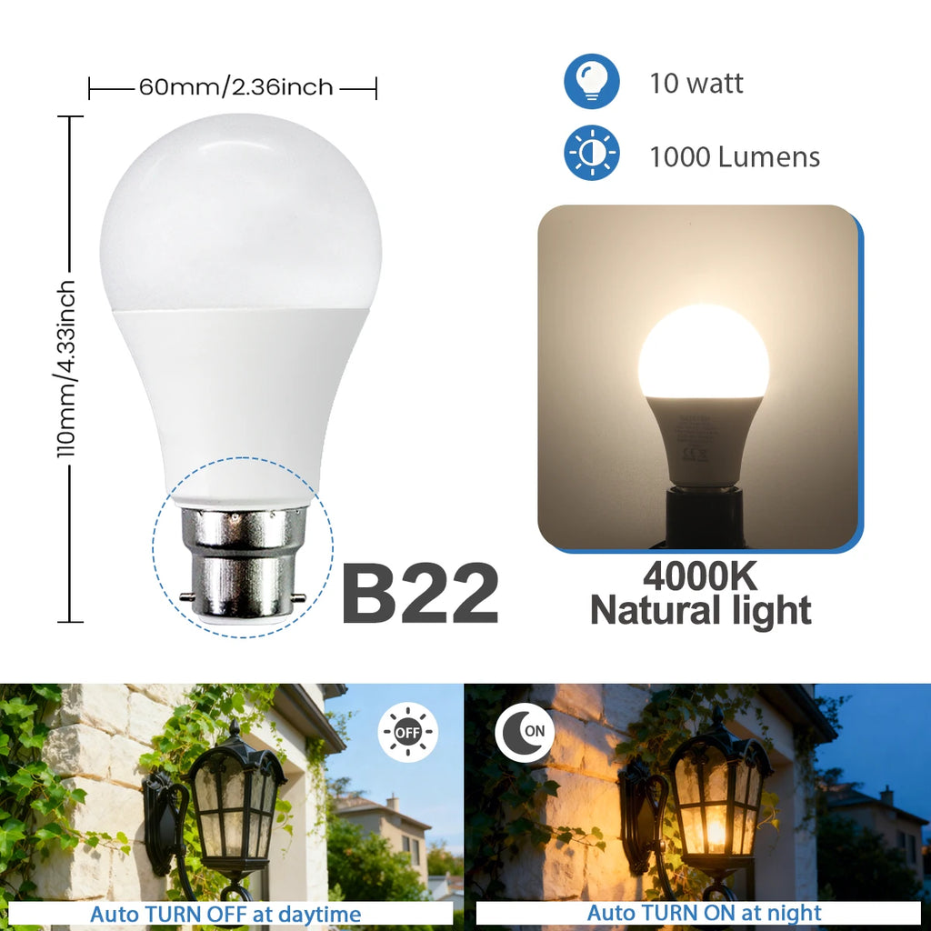 2Pack Led Sensor Control Bulb B22 E27  Bulb Light Dusk To Down AC100-240V 1000lm 10W 3000K-6000K for Underground Garage Corridor