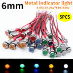 5pcs 6mm Metal Indicator Light LED Warning Signal Lamp Pilot With Wire 3V 5V 6V 12V 24V 220V Red Orange Blue Green White