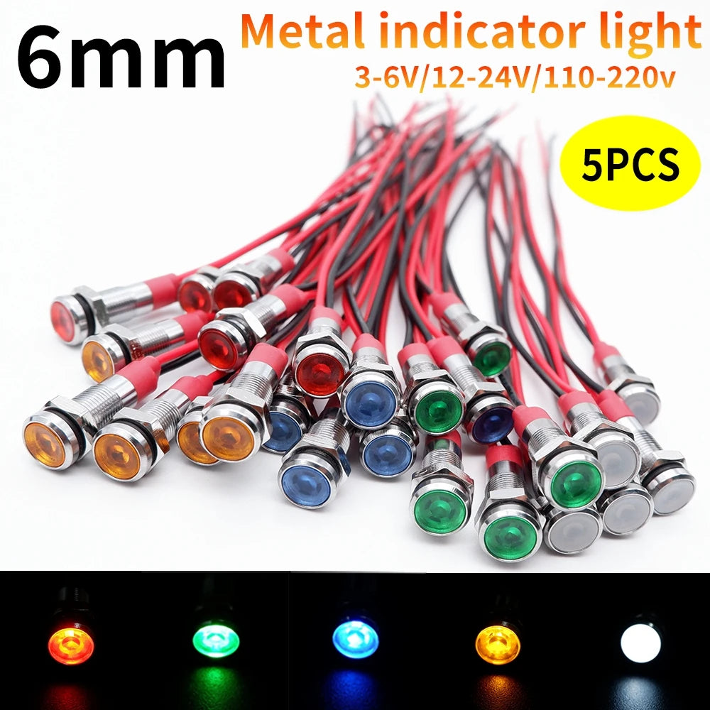 5pcs 6mm Metal Indicator Light LED Warning Signal Lamp Pilot With Wire 3V 5V 6V 12V 24V 220V Red Orange Blue Green White