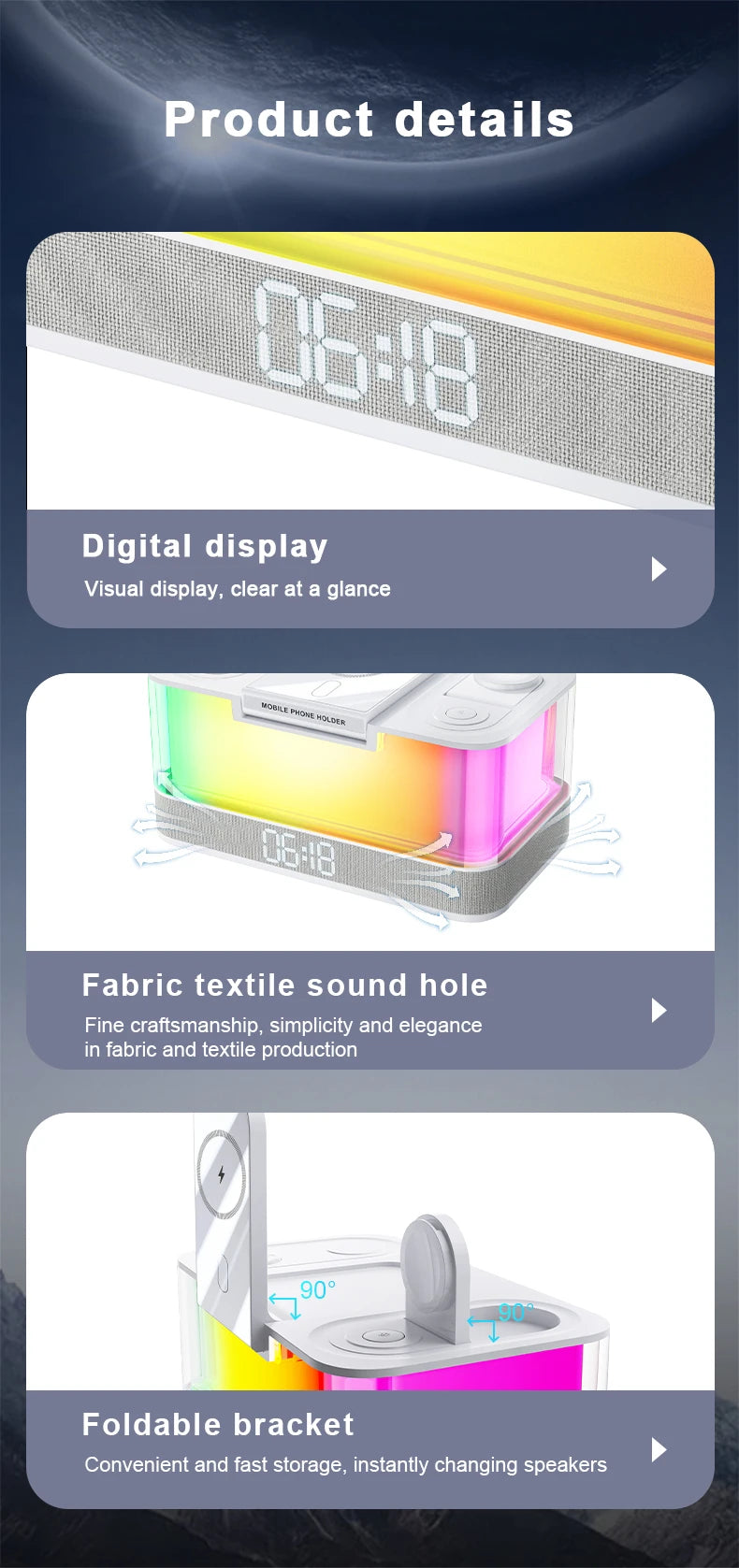 Domars Wireless Charger with Colorful Night Light and Built-In Audio Speaker Supports Fast Charging for Smartphones Earphones