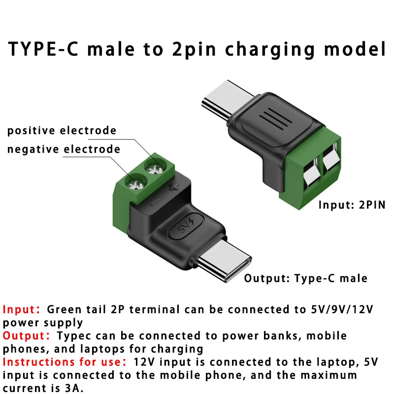 USB C to 2Pin Terminal Adapter Screw Solderless Plug Type-C to 2 Pin Crimp Terminal Block 5V Charging Conversion