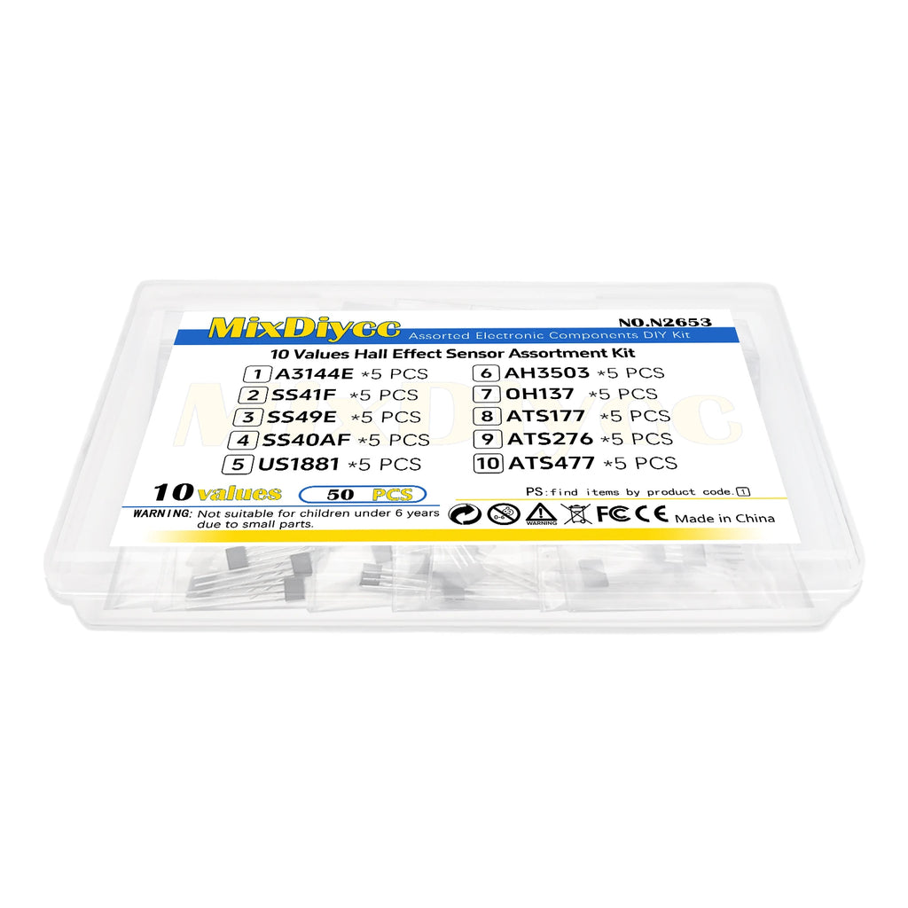 10 Values Hall Effect Sensor Kit A3144E SS41F SS49E SS40AF US1881 AH3503 OH137 ATS177 ATS276 ATS477 3144E/41F/49E Total 50 Pcs