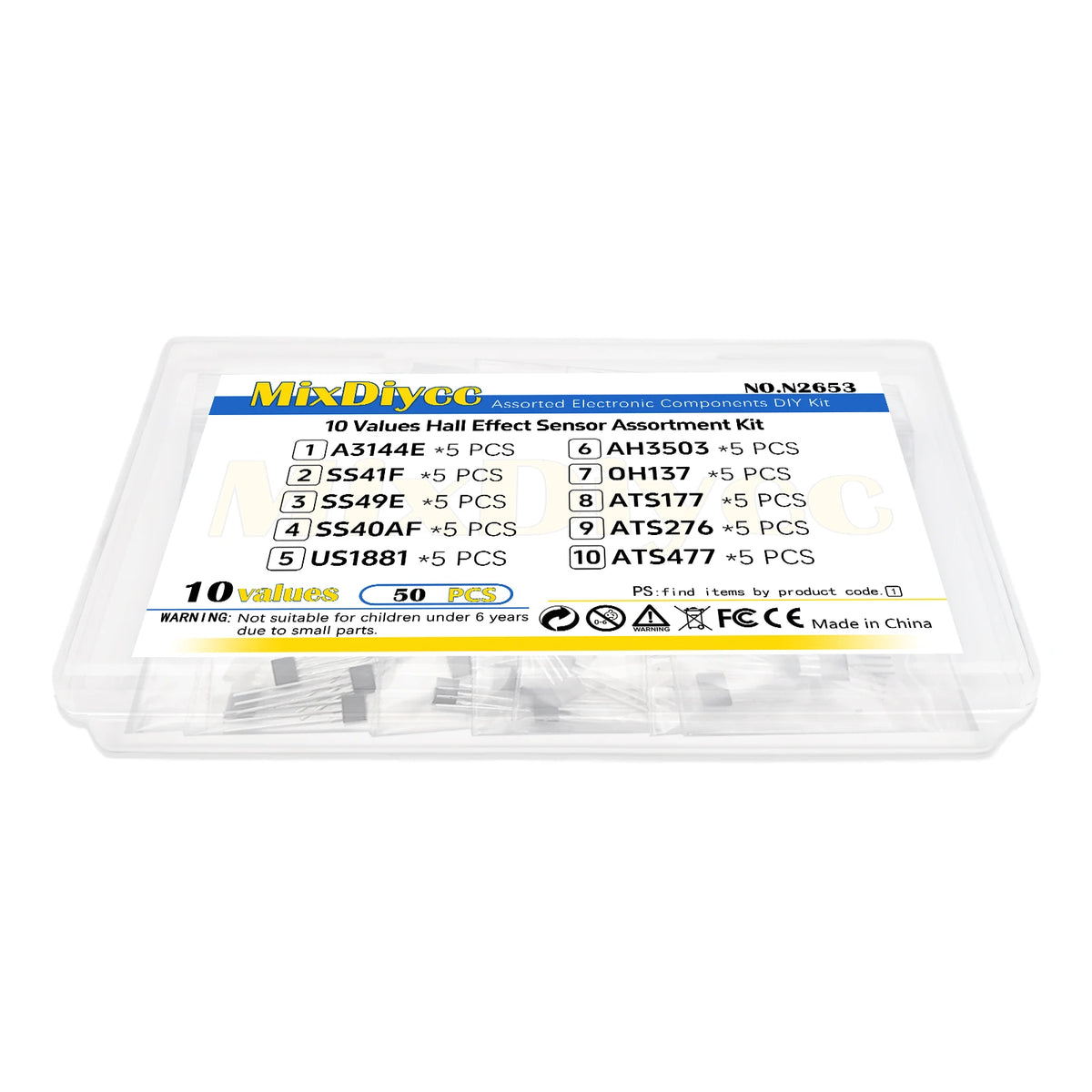 10 Values Hall Effect Sensor Kit A3144E SS41F SS49E SS40AF US1881 AH3503 OH137 ATS177 ATS276 ATS477 3144E/41F/49E Total 50 Pcs