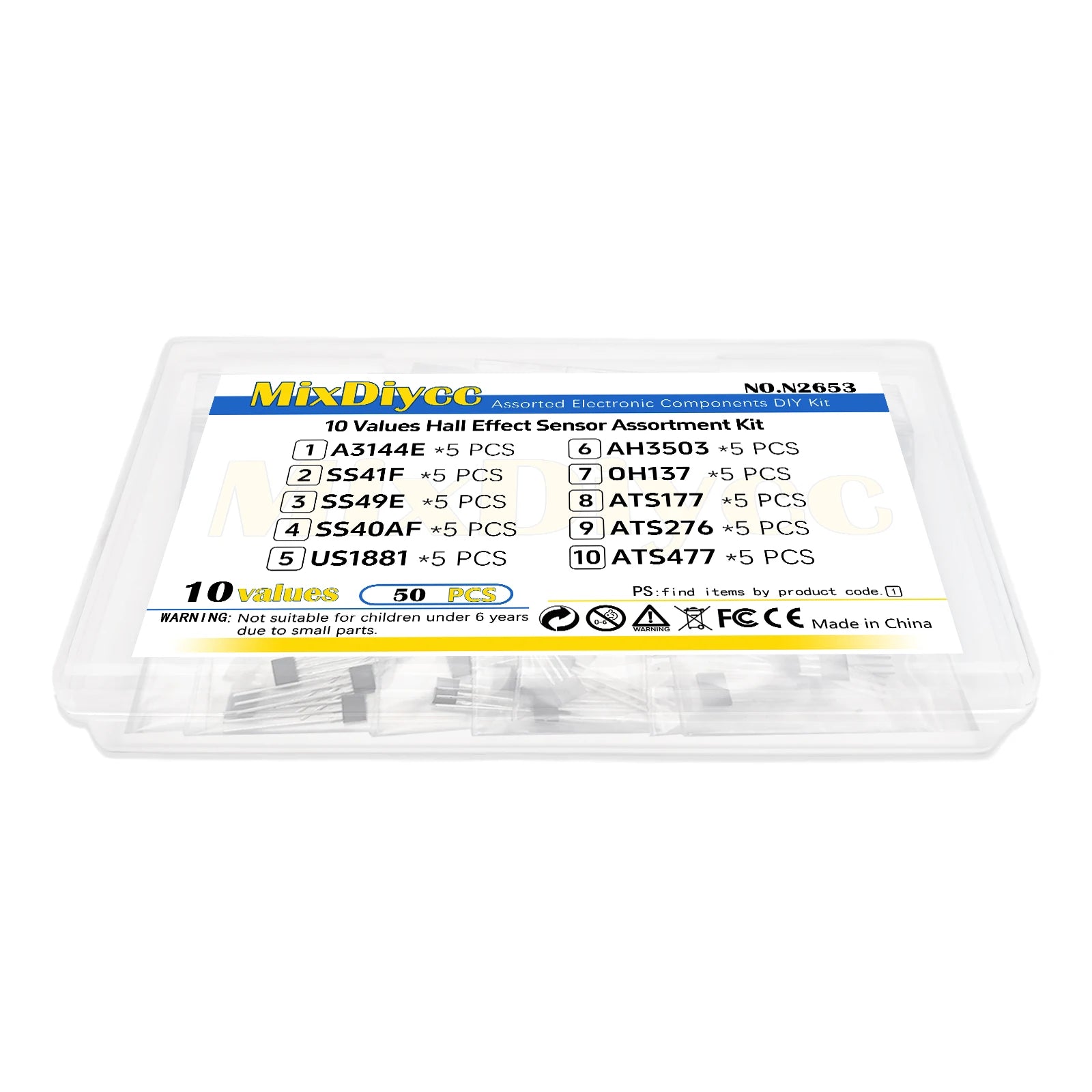 10 Values Hall Effect Sensor Kit A3144E SS41F SS49E SS40AF US1881 AH3503 OH137 ATS177 ATS276 ATS477 3144E/41F/49E Total 50 Pcs