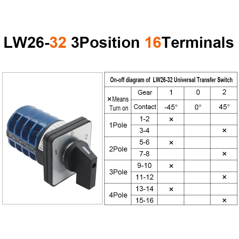 OMCH 1PCS Silver Contact LW26-20/32/63 Universal Switch 3 Position 1-0-2 1/2/3/4 Poles 440V 4/8/12/16Terminals Rotary Cam Switch