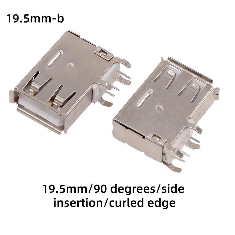 10PCS USB A Type Female Socket 14mm 19.5mm 4Pin AF 90° Right Angle Side Insertion Flat Edge Curled Edge 2.0 USB-A Type Connector