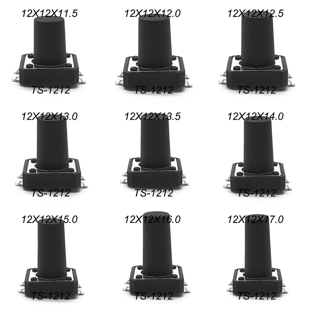 10-Piece 12X12mm H=11.5/12/12.513/13.5/14/15/16/17MM 4PIN DIP SMT Momentary Tactile Tact Switch Push Button Key Button Black