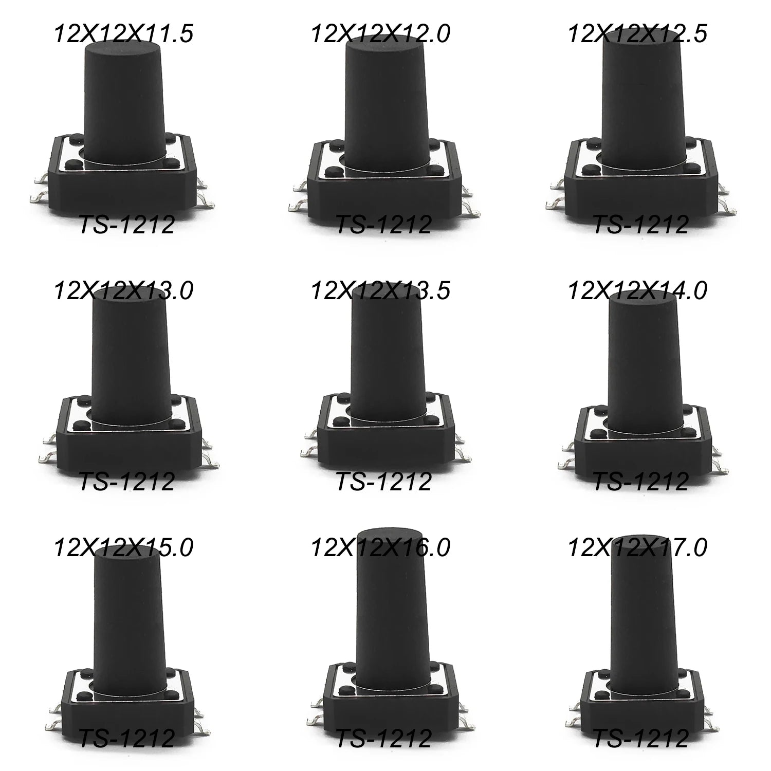 10-Piece 12X12mm H=11.5/12/12.513/13.5/14/15/16/17MM 4PIN DIP SMT Momentary Tactile Tact Switch Push Button Key Button Black