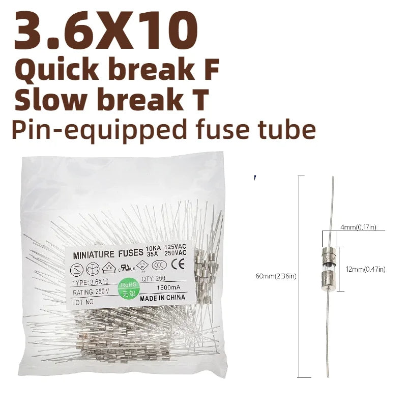 3.6X10MM Straight Pin Fast Blow Glass Fuse 3.6*10mm Slow Break The Fuse Tube 250V 0.5A 1A 2A 3A 3.15A 4A 5A 6A 8A 10A 12A 15A