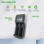 PUJIMAX 2-Slot LCD Battery Charger with Type-C For 18650 21700 26650 14500 16340 3.7V Lithium AA AAA 1.2V Ni-MH NiCd Battery