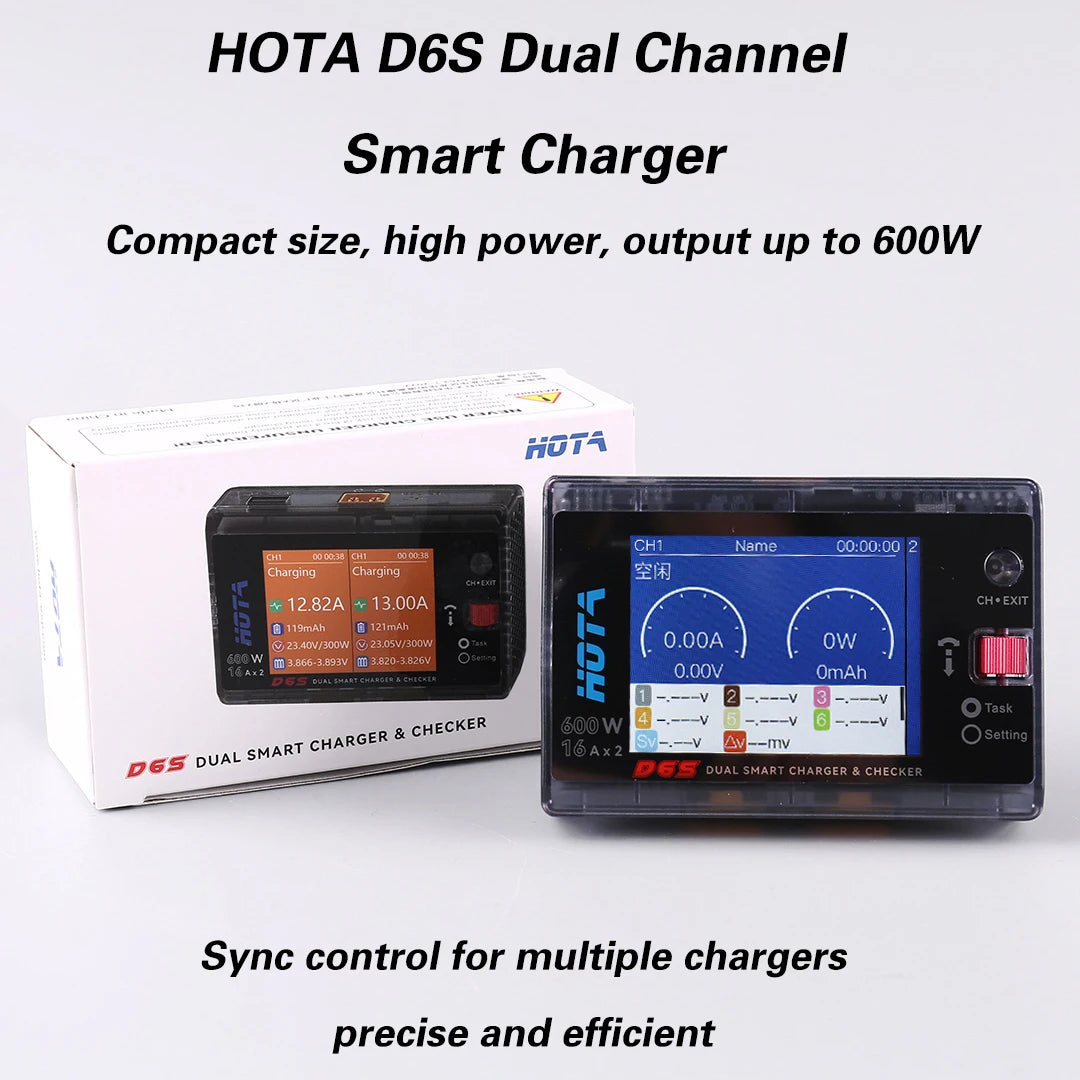 HOTA D6S RC Lipo Battery Charger Magnetic Suction Dual Channel Smart Balance 600W High Power 1-6S Smart Balance Charger