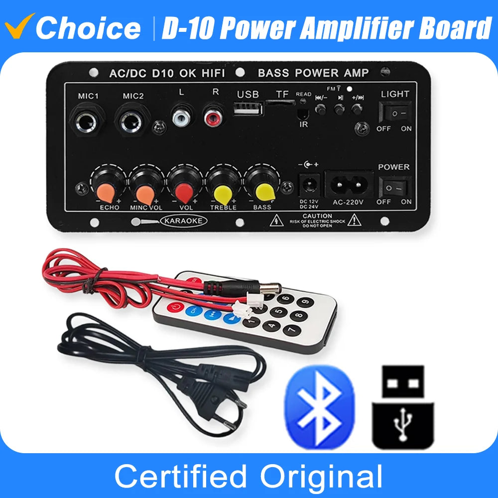 D10 Digital Bluetooth Amplifier Board 110V 220V 12V Subwoofer D 10 Dual Microphone Karaoke Amp Speaker Home Theater DIY BASS AMP