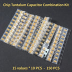 150PCS SMD Chip Tantalum Capacitor Combination Kit 1uf to 220uf A/B Case 15 Values Capacitors Tantalum Capacitors Kit