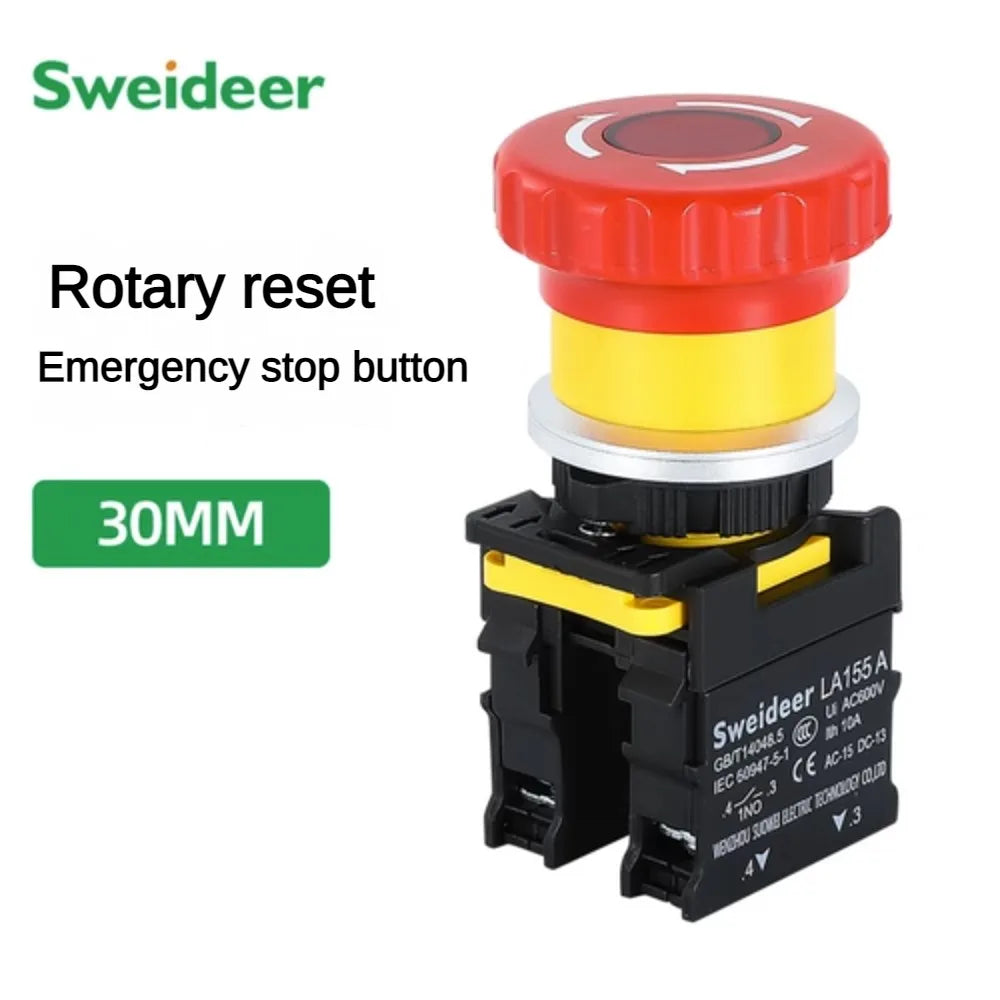 30mm Emergency Stop Button Switch with Light Mushroom Emergency Stop Power Switch Control Electrical Starter Switch 220V 10A NC