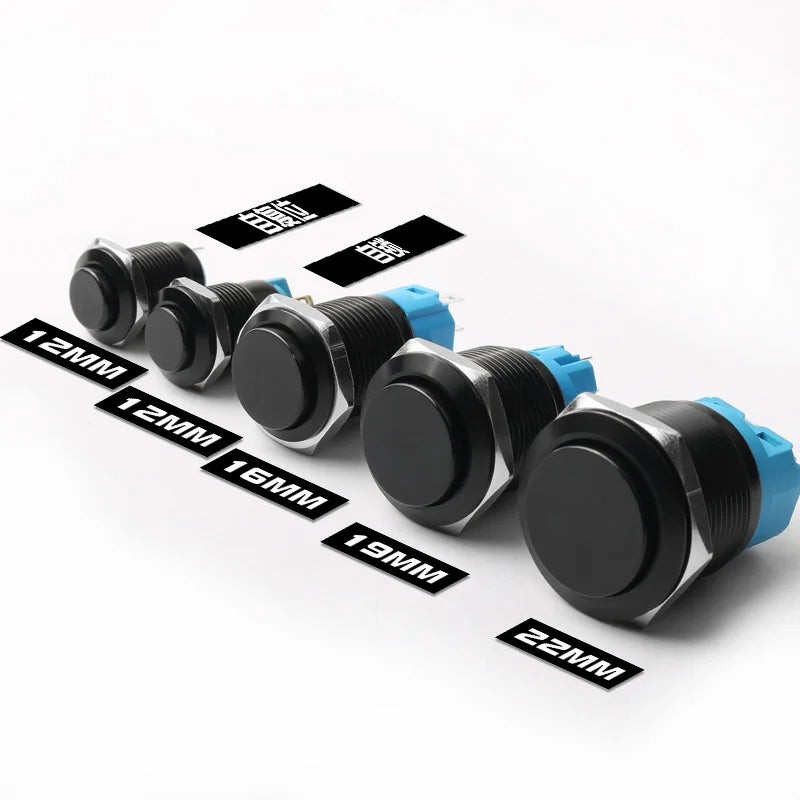 12/16/19/22MM Metal Button Switch No Lights Oxidized Black Momentary Reset Latching With Connector 12V 24V 220V