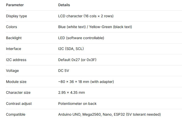 LCD1602 Module 16x2 Character I2C PCF8574 for Arduino Blue Yellow Green 1602A Development Board Mega2560 LCD 5V Adapter Plate