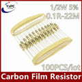 100pcs 1/2W Carbon Film Resistor 5% 0.5W 0.1R~22M 1R 4.7R 5.1R 22R 47R 100R 180R 220R 1K 2.2K 3.3K 47K 1M  2M 6.8M 10M 18M 20M