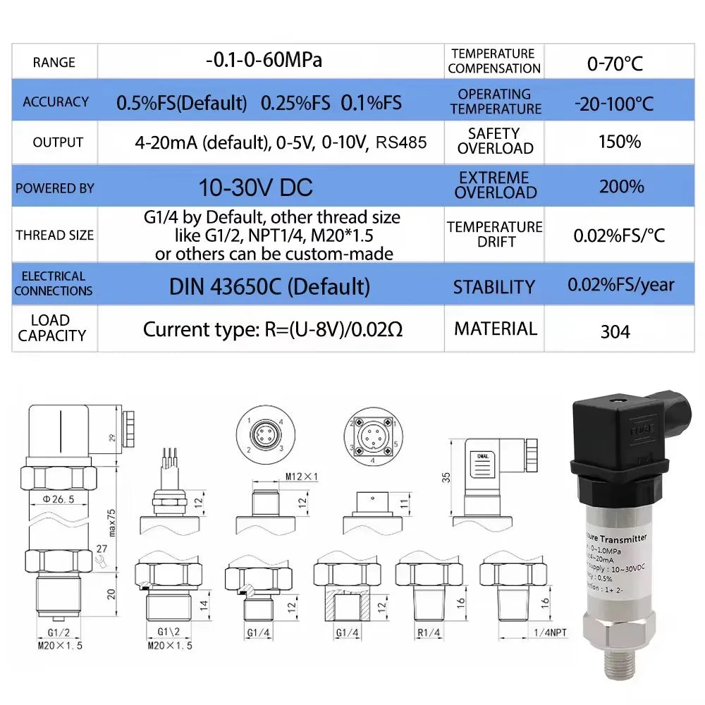4-20mA 0-5V 0-10V Output -1-0bar 0-1bar G1/4 Vacuum Pressure Transmitter Transducer Sensor Controller 0.5% FS High Precision