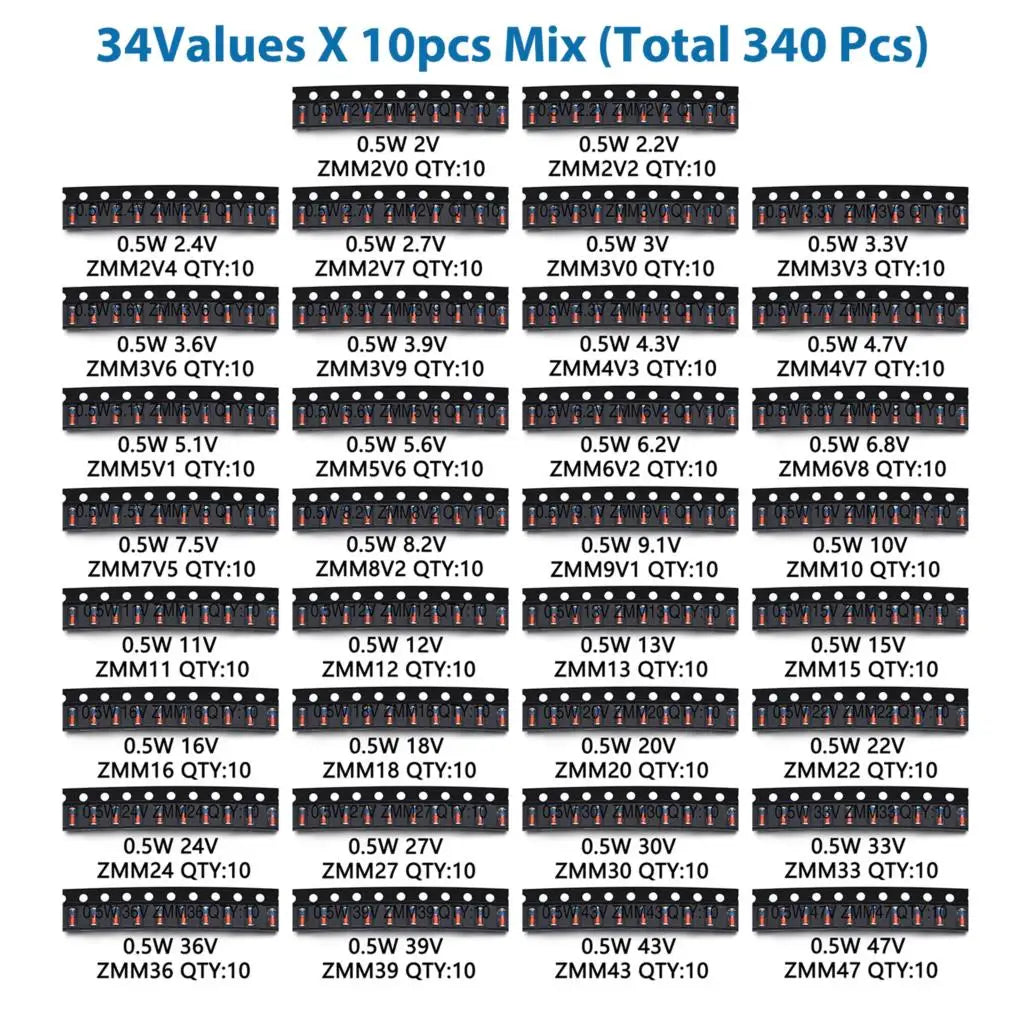 34 Values 0.5W SMD Zener Rectifier Diode Kit 2V 3V 3.3V 3.6V 5.1V 5.6V 7.5V 10V 12V 13V 15V 16V 18V 20V 22V 24V 30V 36V 39V 47V