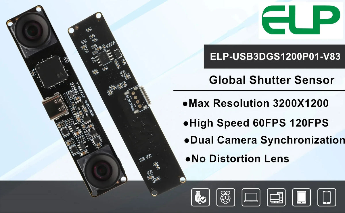 ELP 1200P Global Shutter USB Webcam Synchronization Dual Lens Camera Module High Speed 120fps 3D Stereo UVC Industrial Camera