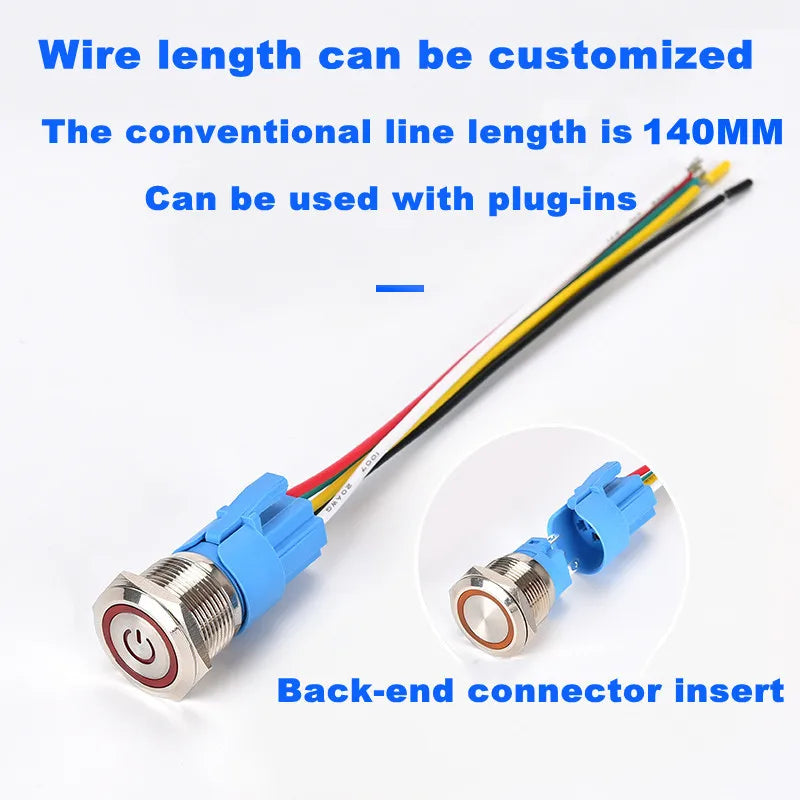 12 16 19 22mm waterproof metal button switch with connector LED lamp instant lock automotive engine power switch 6V 12V 24V 220V