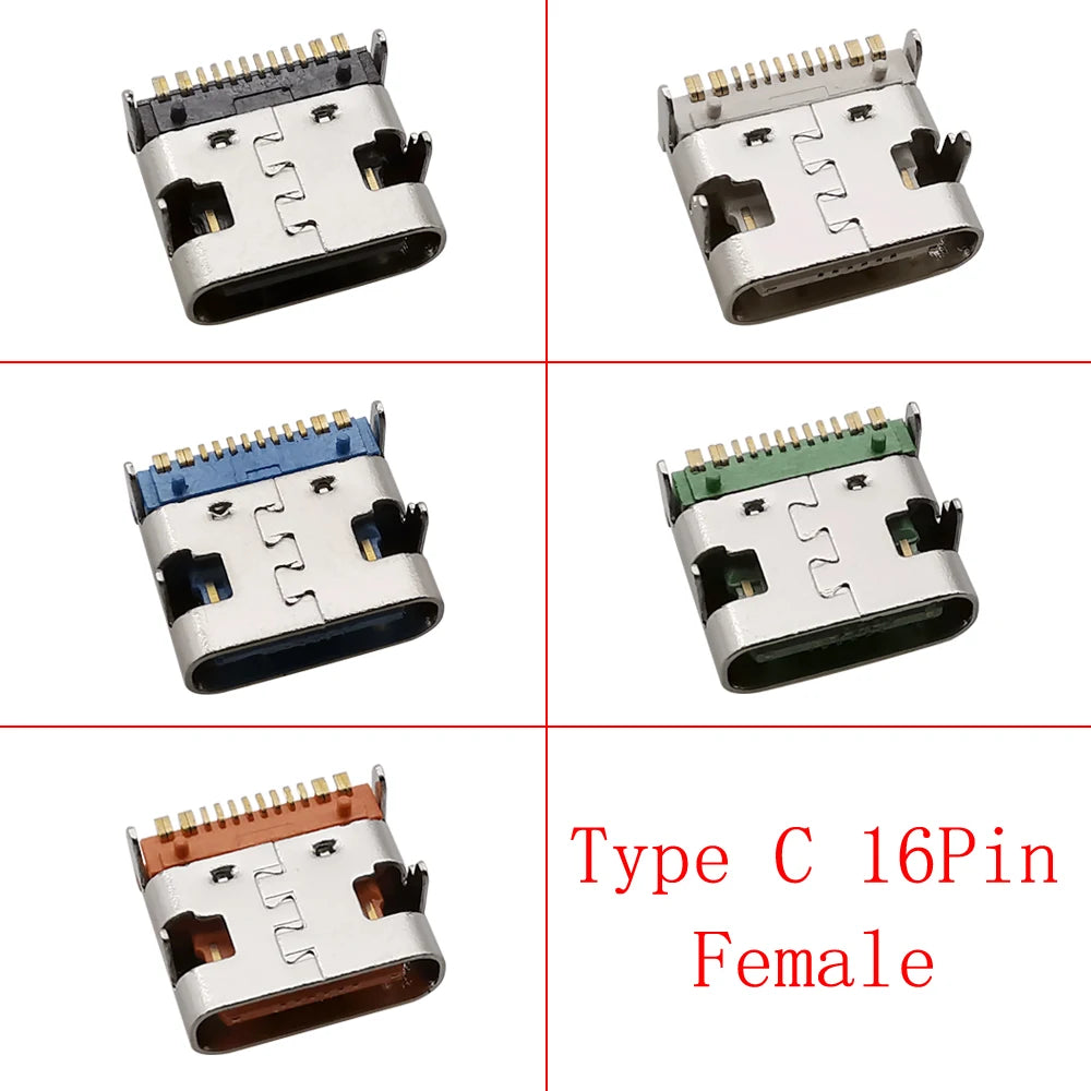 10Pcs Type C Jacks 16 Pin USB 3.1 Charging Dock Connectors 20V 5A USB-C  Female Sockets DIP PCB Mount Repair Port Type-C Adapter