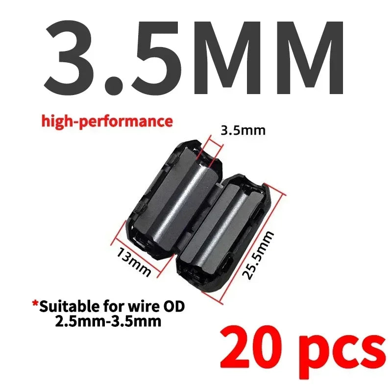 20Pcs 3.5/5/7/9/11/13/15mm EMC Ring Core Ferrite Bead Clamp Choke Coil Ferrite Filter Clip Cable for Black Magnetic Snap-on