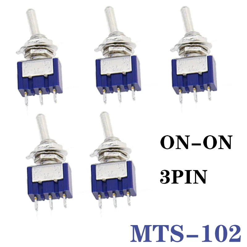 5Pcs Blue Miniature Lever Toggle Switch Single Pole Double Throw ON-OFF-ON /ON-ON 120VAC 6A 1/4 Inch Mounting MTS-102 103 202