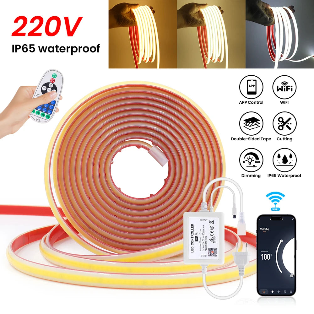 Dimmable COB LED Neon Light Strip Remote Power Kit Wifi Bluetooth Wall Touch 220V 23key Controller 288LEDs/m IP65 Flexible Lamp