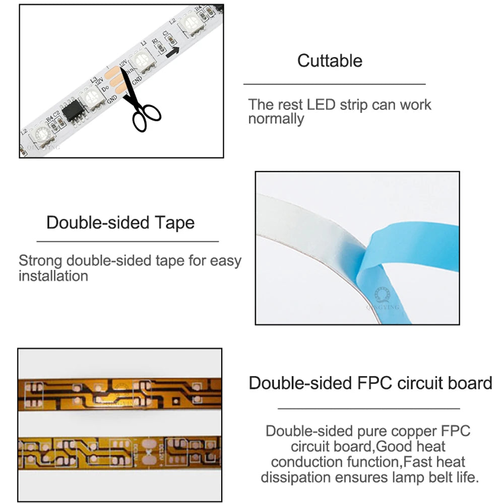 DC12V 24V WS2811 RGB LED Strip Individually Addressable 30/48/60/72/84 Leds/m Tape Light IP30/65/67 Waterproof Flexible Ribbon