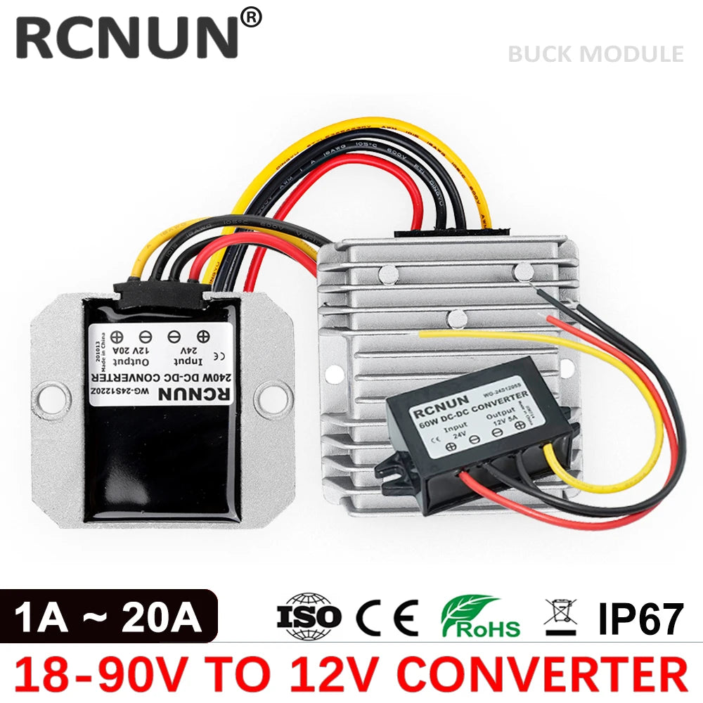 RCNUN 18-90V to 12V 5A 10A 15A 20A DC Converter Step Down Voltage Regulator 24V 36V 48V 60V 72V Transformer Car Power Supply