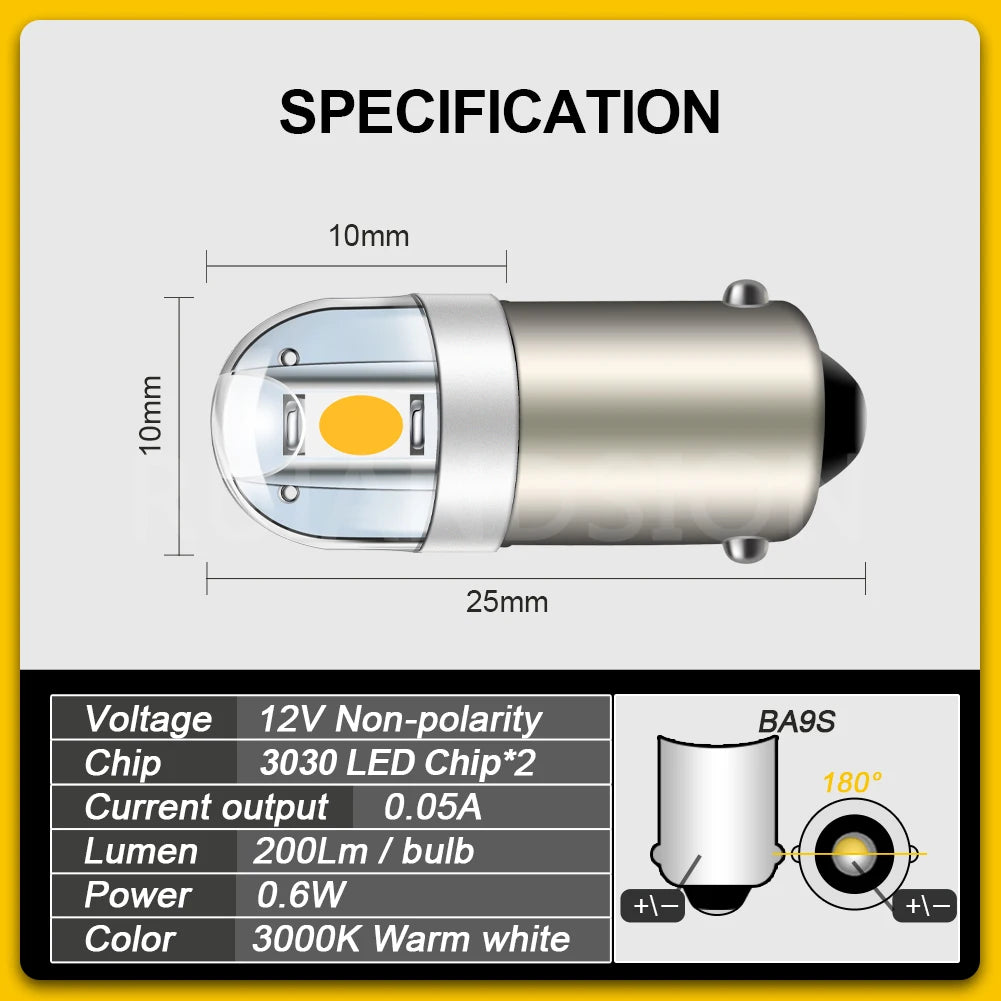 4PCS 6.3V BA9S 2 SMD 3030 LED Non Polarity 6V 12V 24V 110V 220V Car Bike Pinball Machine White Yellow 3000K