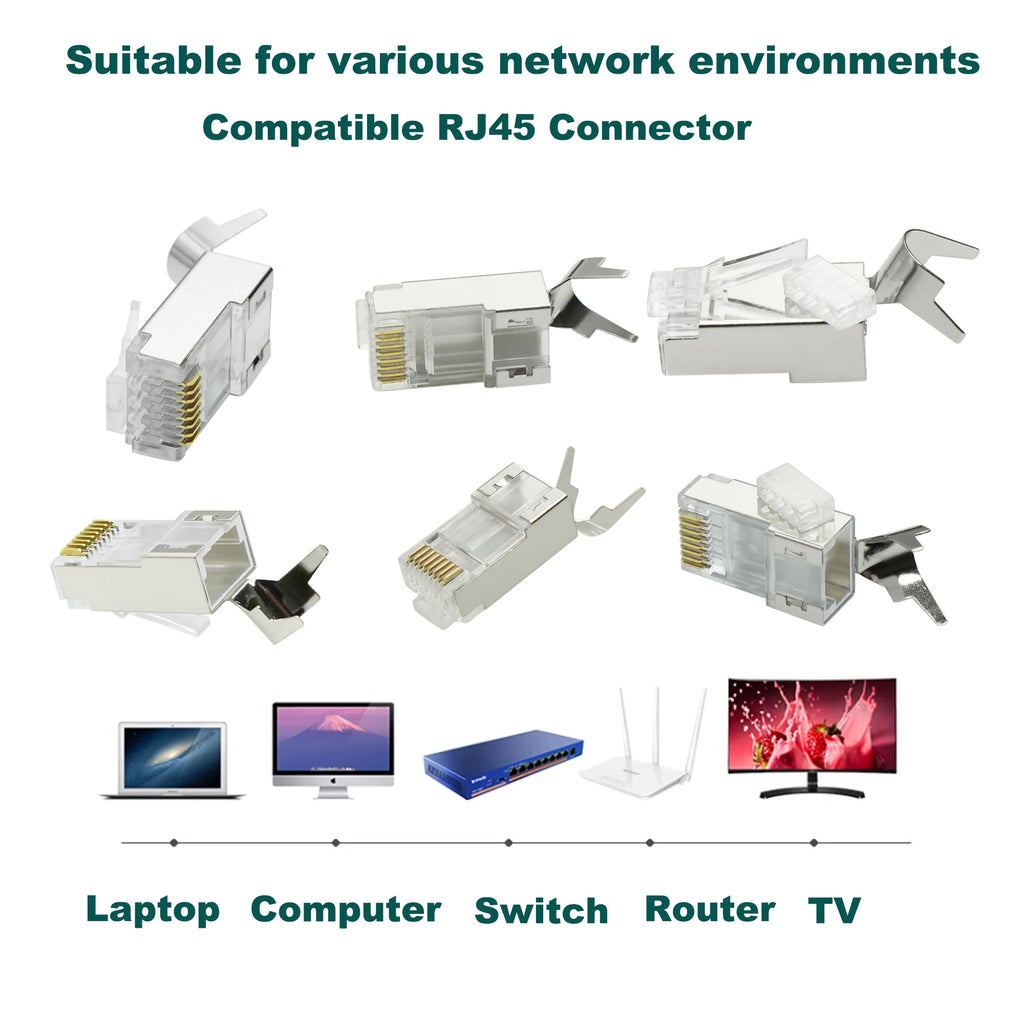 COMNEN 10Gbps RJ45 Connectors Cat8 Cat7 Cat6A Pass Through 8P8C 1.3mm Gold Plated Shielded FTP/STP|RJ45 Network Modular Plug