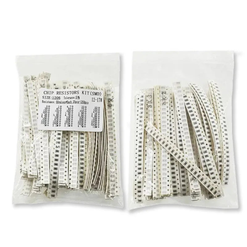 1250PCS 50Values SMD Resistor 1206 5% Pack 0Ω~10MΩ, 1R 10R 100R 220R 330R 470R 680R Chip Fixed Resistor 1K 102 10K 103 100K 104