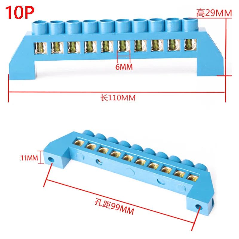 4/6/8/10/12 Positions Terminal Block Connector Strip Brass Ground Neutral Bar Electrical Distribution Wire Screw Terminal Blue