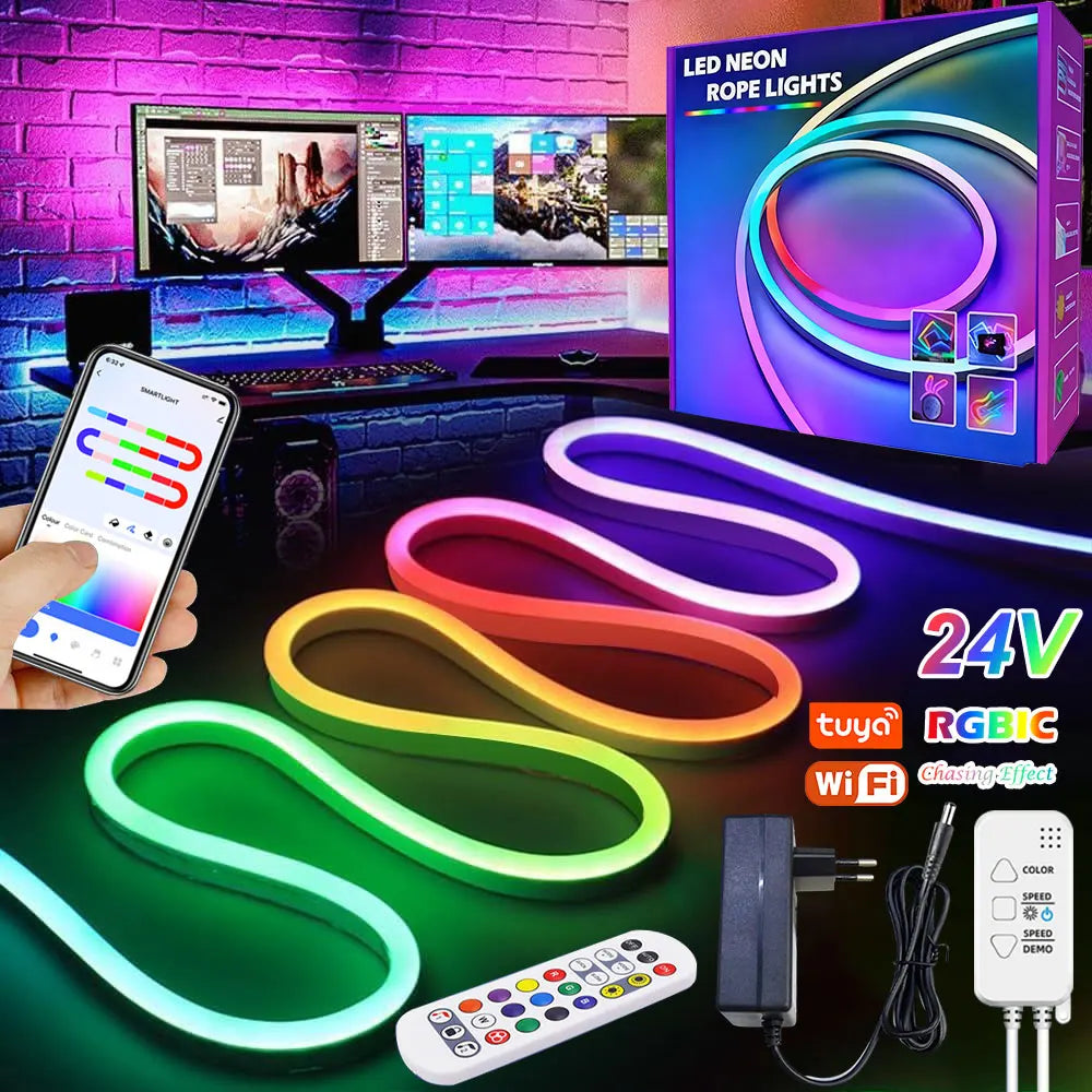 TUYA Neon LED Strip Lights Silicone Neon Rope Light 5-24V 84LEDs/M with Music Sync RGBIC Dreamcolor Chasing Strip Tape for Room