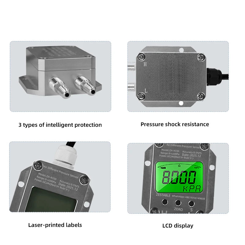 No Display/ LCD Display Air Gas Wind Pressure Differential Sensor 4-20mA 0-10V 0-5V RS485 Differential Pressure Meter Transmitte